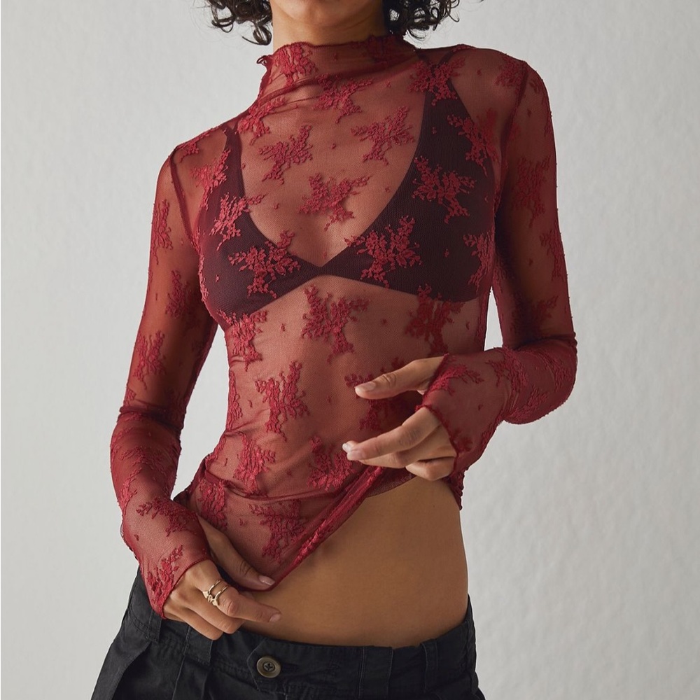 Free People Red Sheer Lace Top